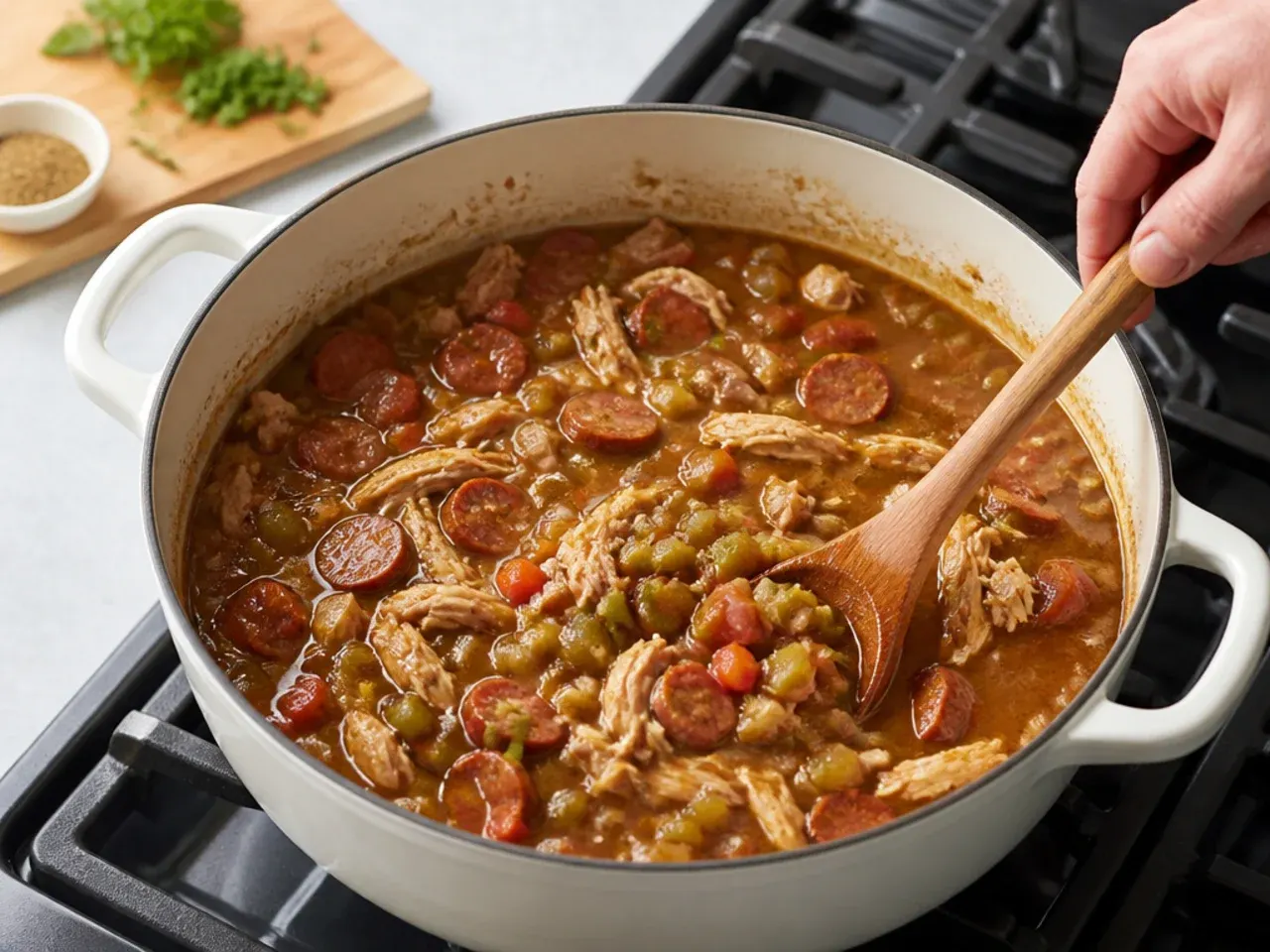 chicken and sausage gumbo — step 5: simmer with the meats