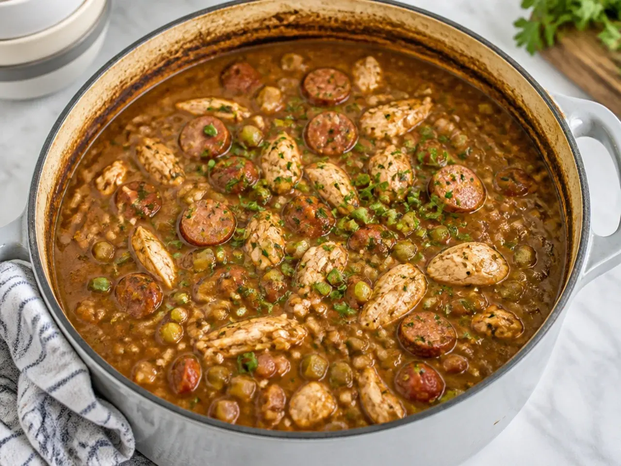 Big pot of homemade chicken and sausage gumbo with dark roux and rice