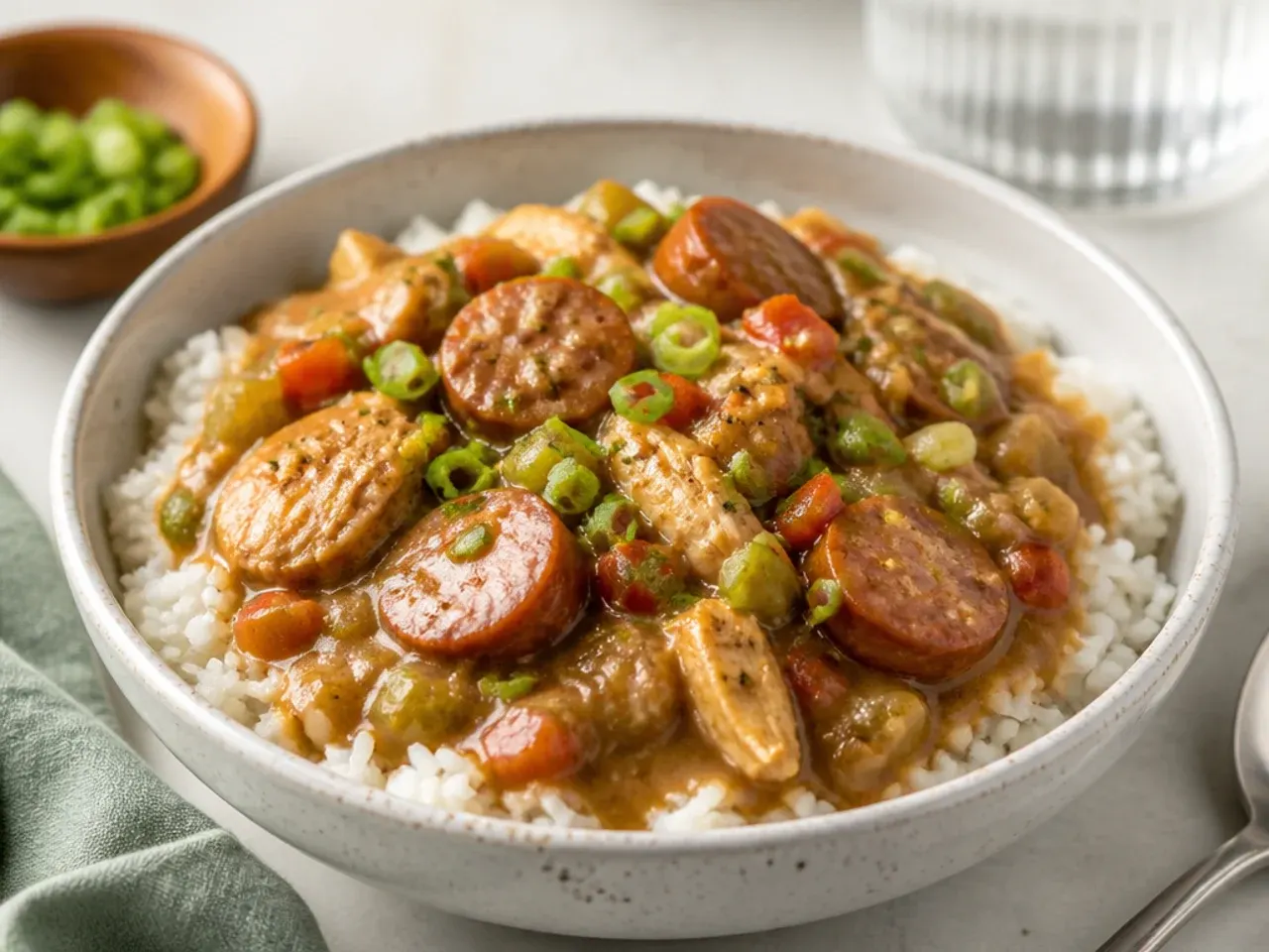 Classic Cajun chicken and sausage gumbo served over white rice in a bowl