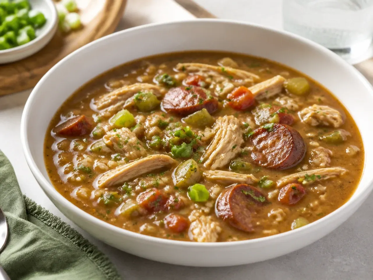 Easy chicken and sausage gumbo made with rotisserie chicken and make-ahead roux