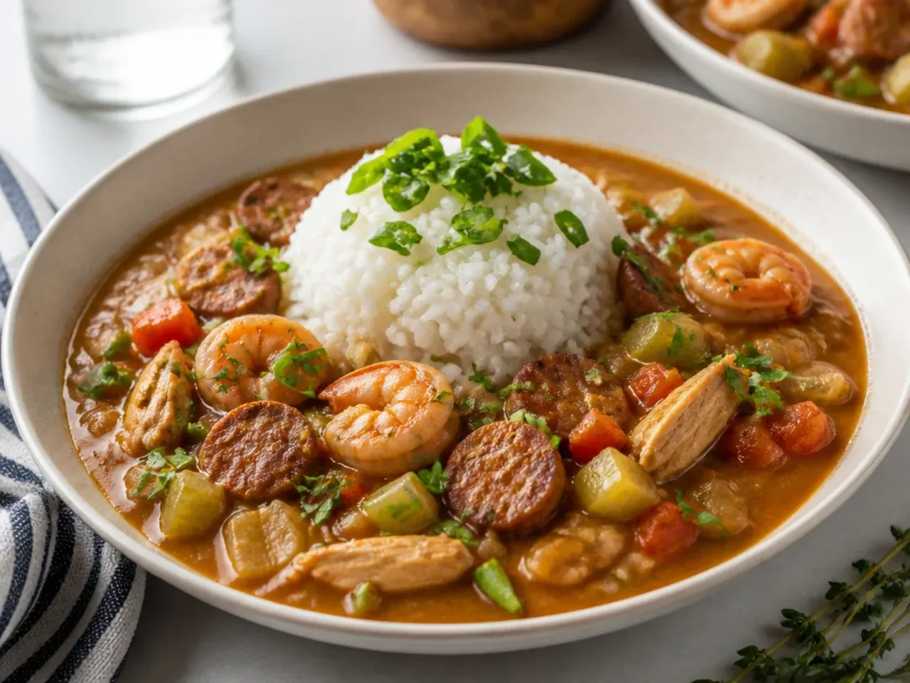 Elegant chicken sausage and shrimp gumbo plated with a mound of rice