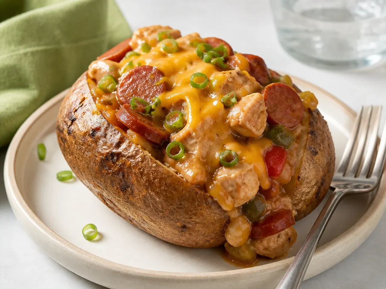 Baked potato stuffed with thick chicken and sausage gumbo and cheddar