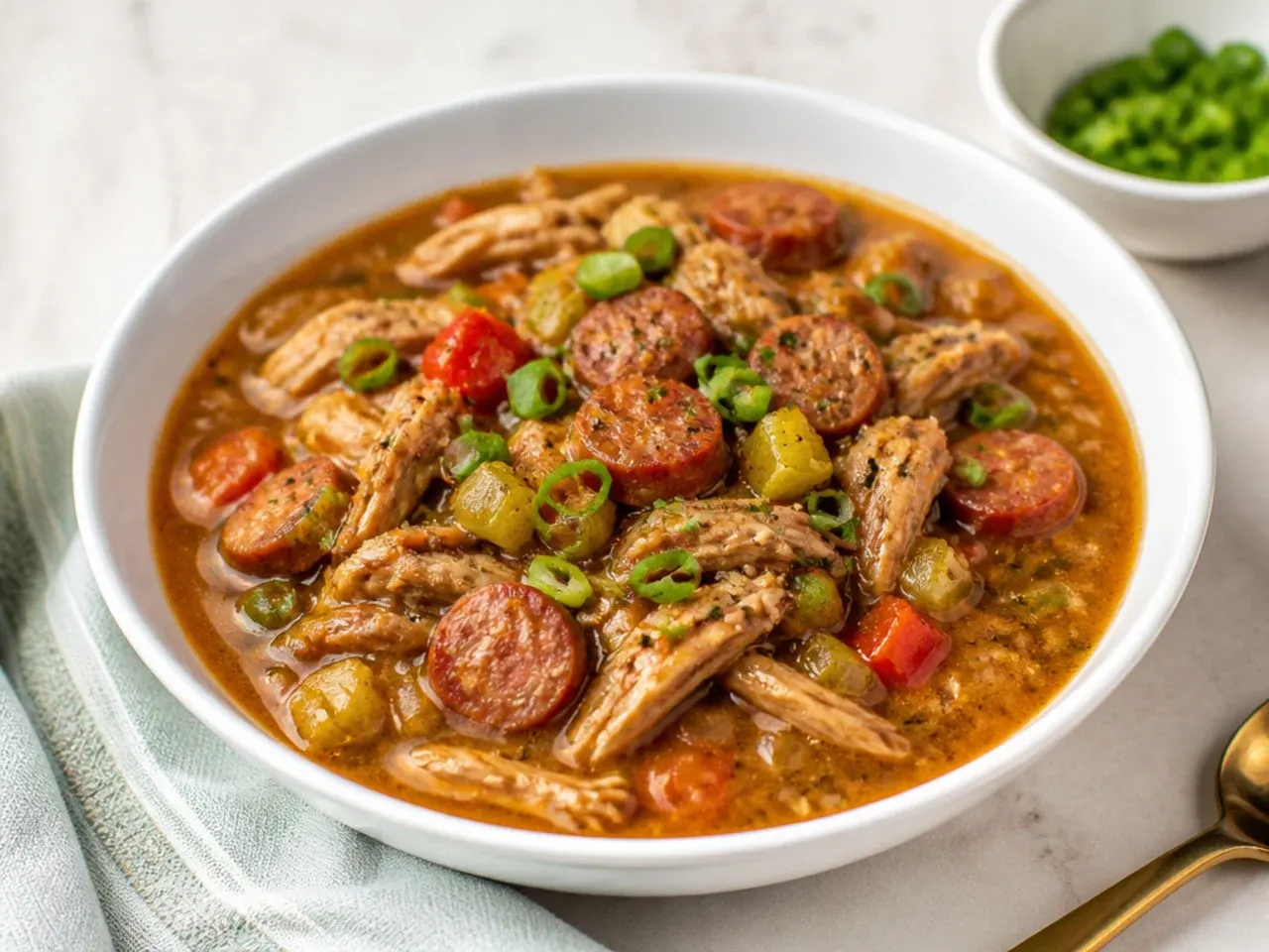 Instant Pot chicken and sausage gumbo with shredded chicken thighs