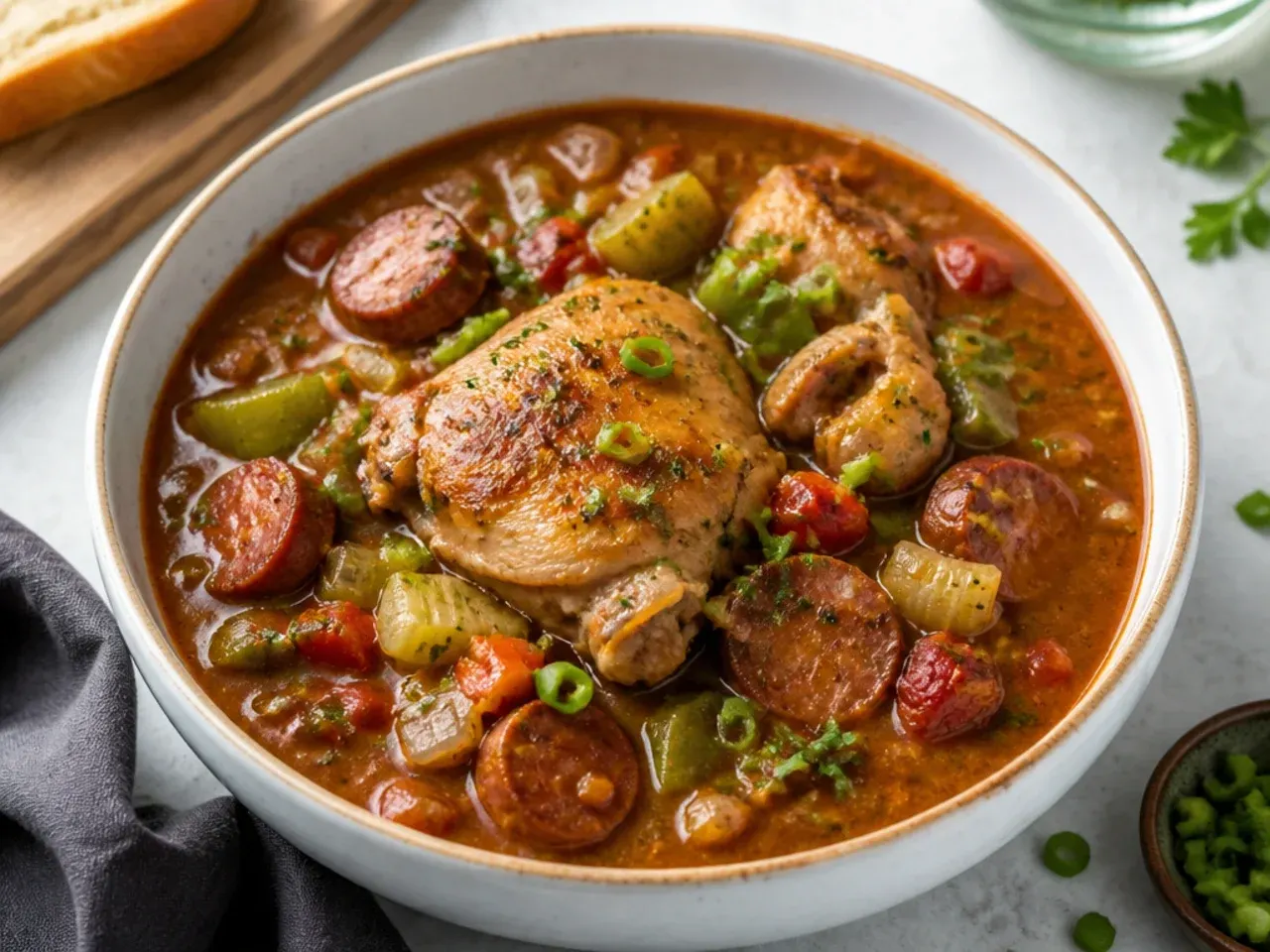 Rustic chicken and sausage gumbo made with bone-in chicken thighs