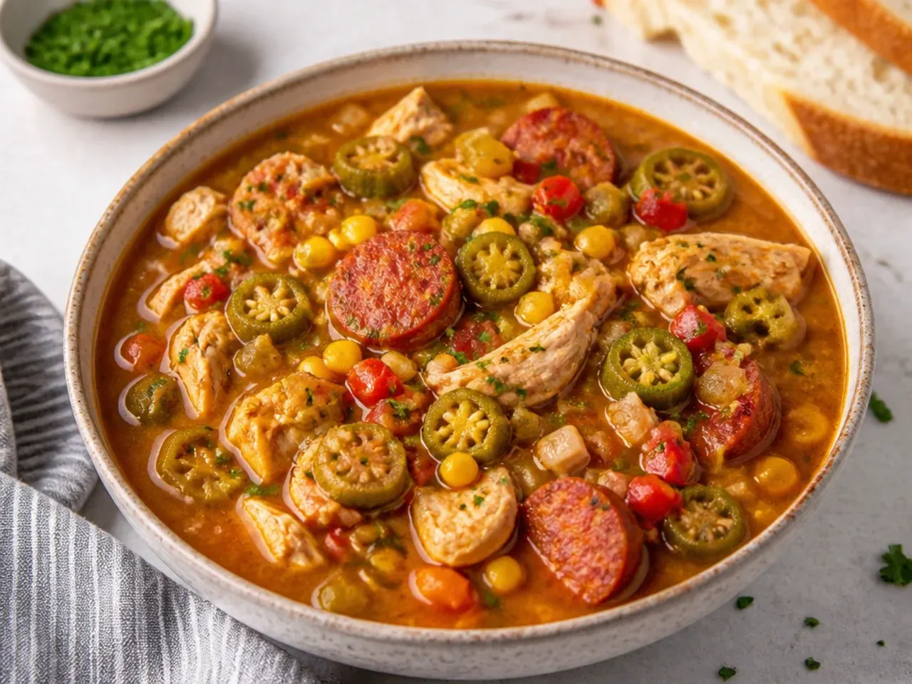 Colorful chicken and sausage gumbo with okra corn and red peppers
