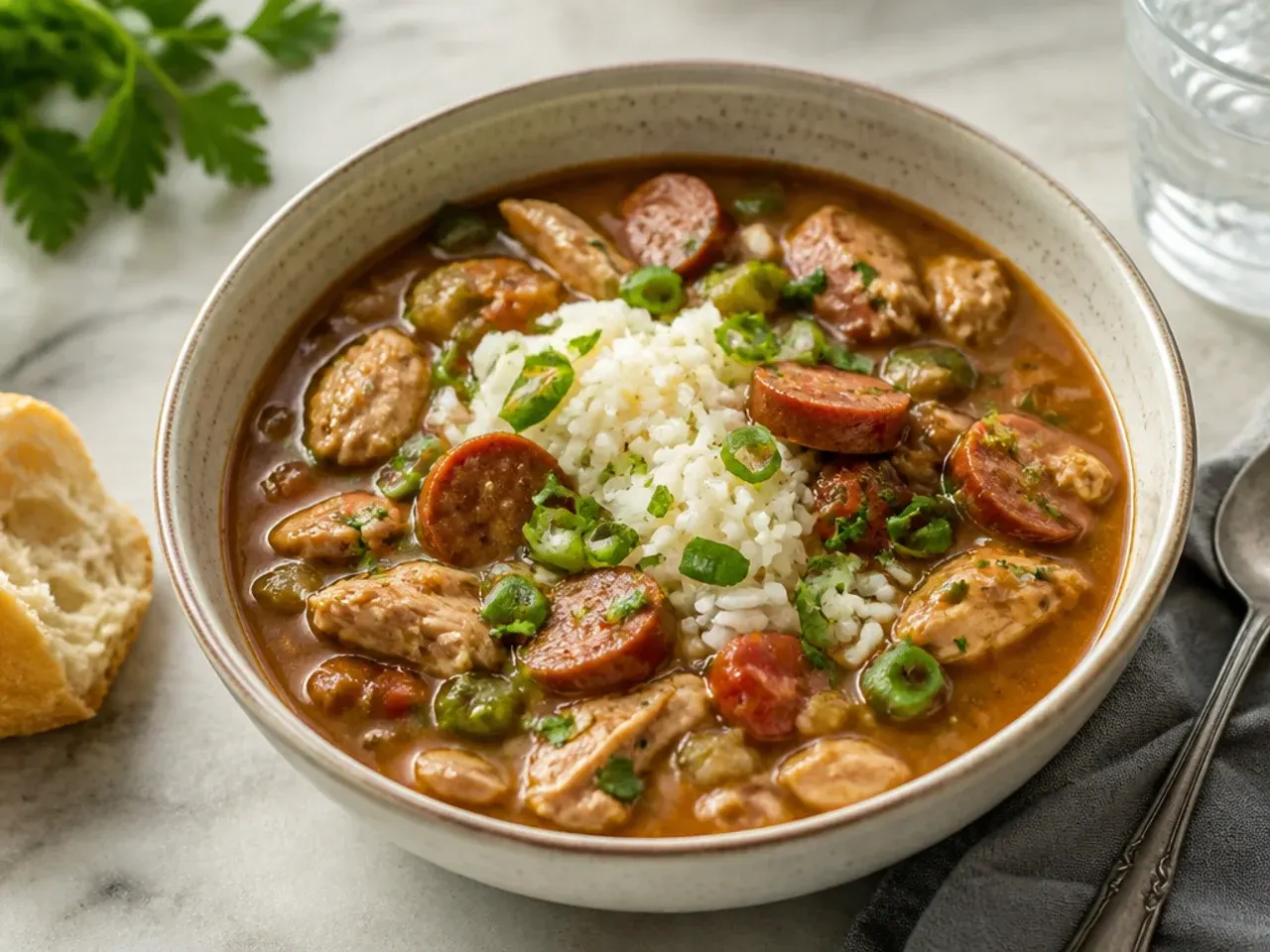 Simple pantry chicken and sausage gumbo with minimal ingredients