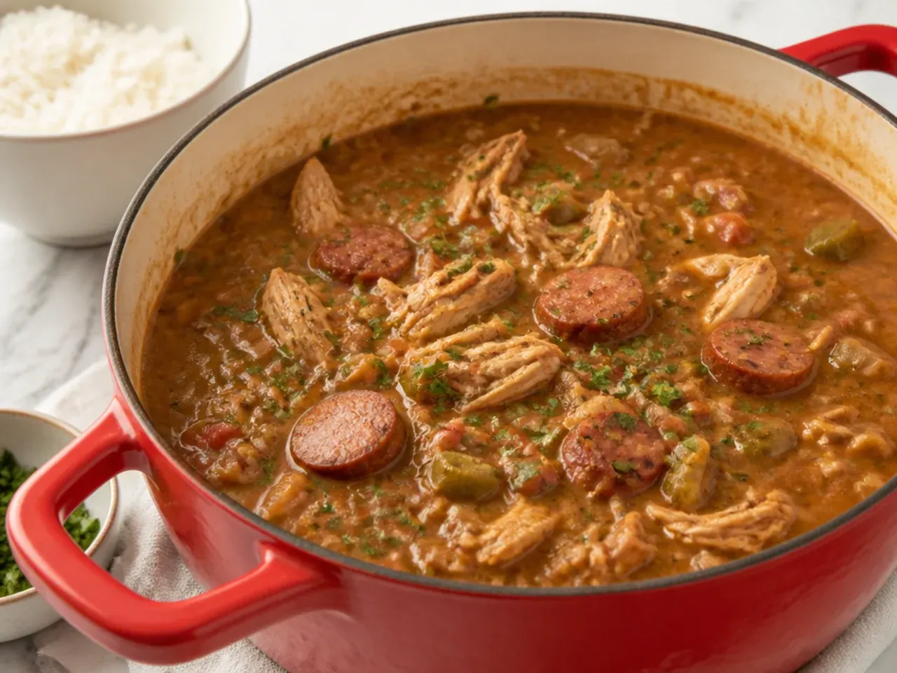 Festive pot of thick gumbo ya-ya with chicken and andouille sausage