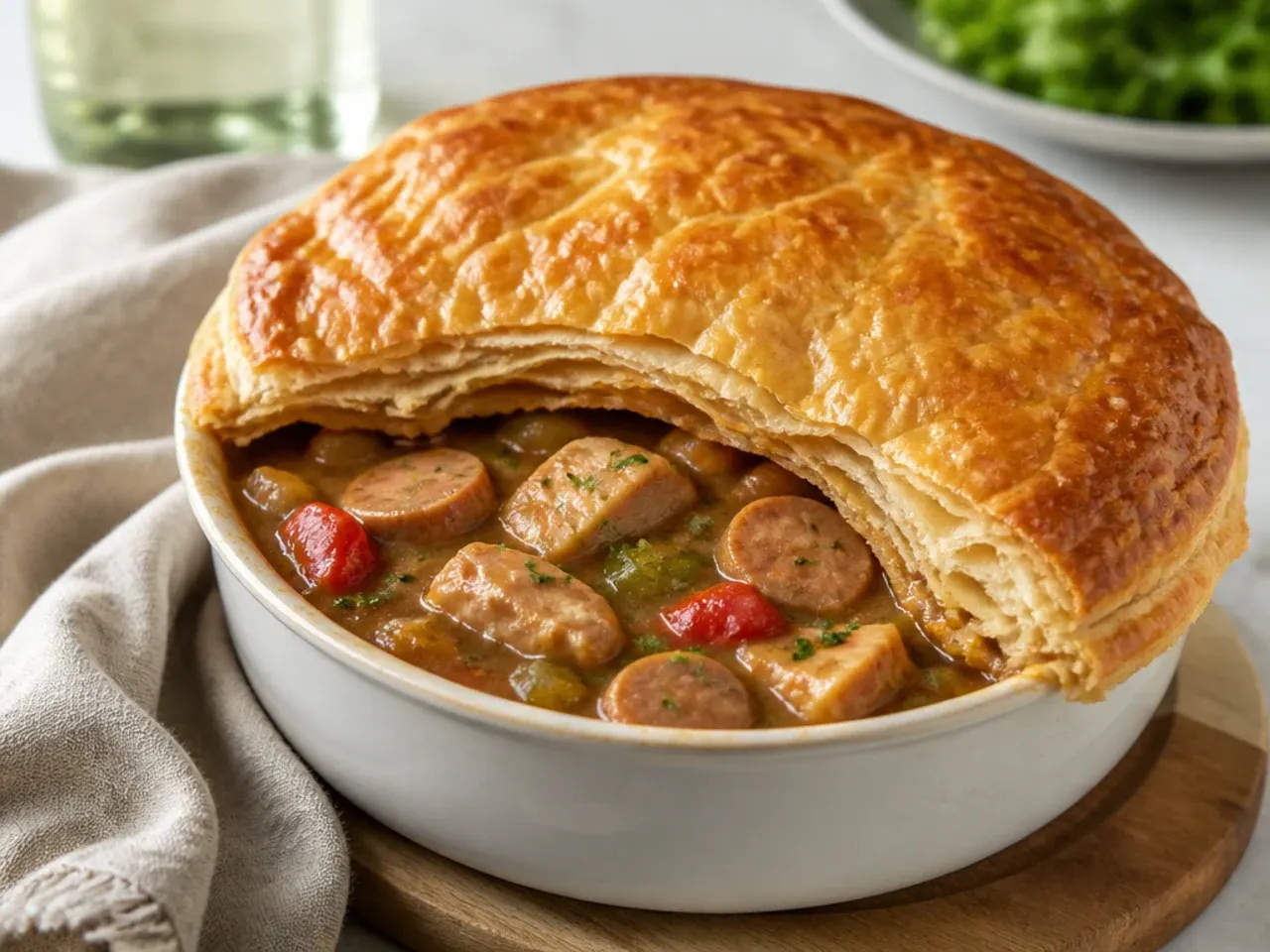 Chicken and sausage gumbo pot pie with golden puff pastry lid