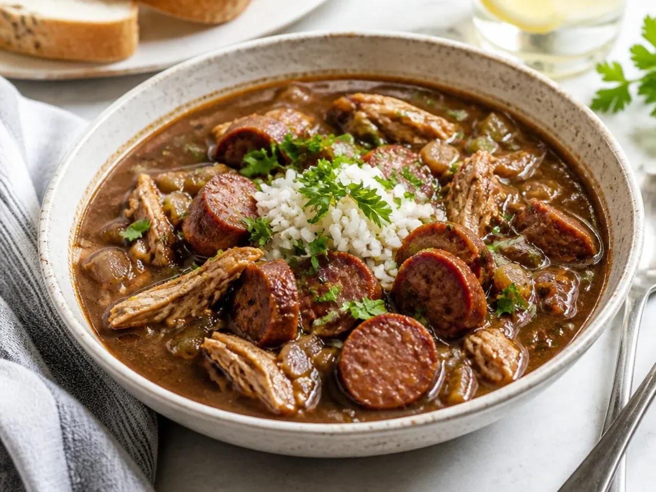 Bold dark roux chicken and sausage gumbo with cayenne and smoked paprika
