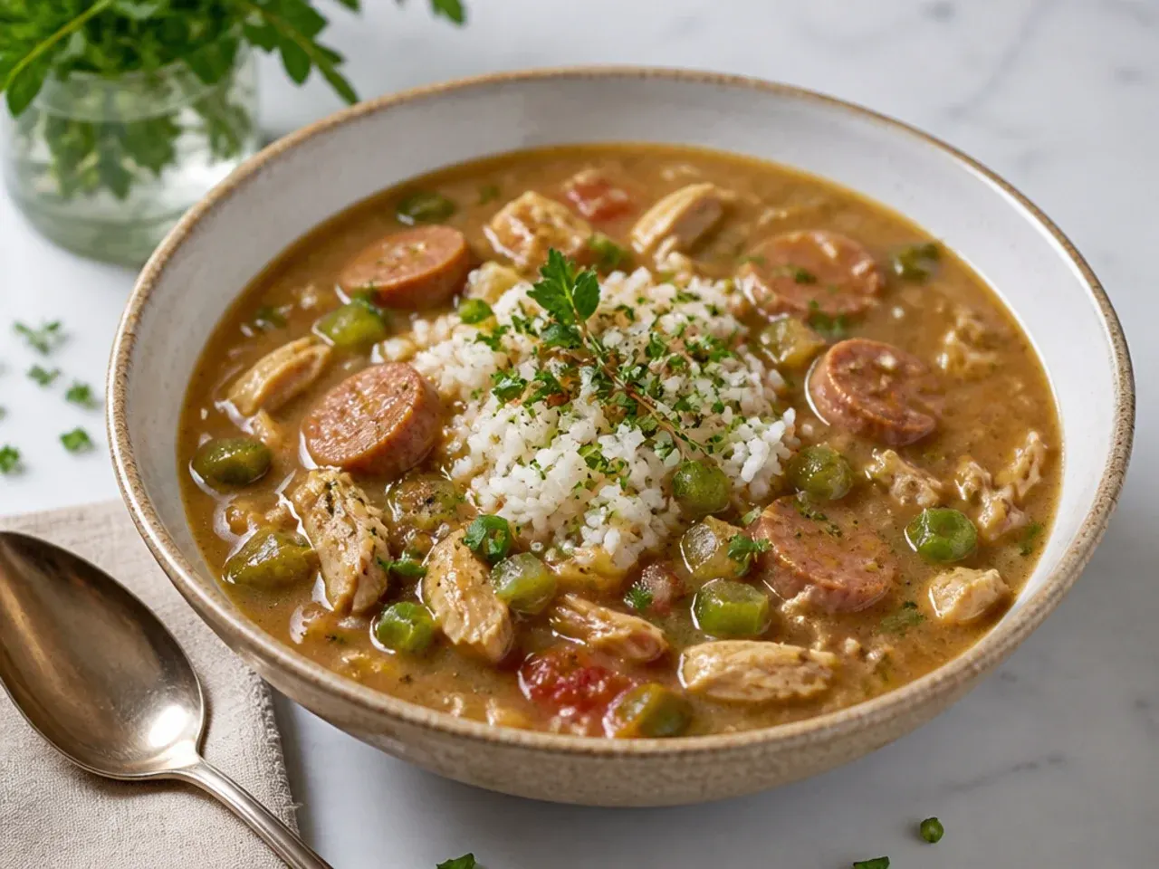 Light chicken sausage gumbo with fresh herbs and a blond roux
