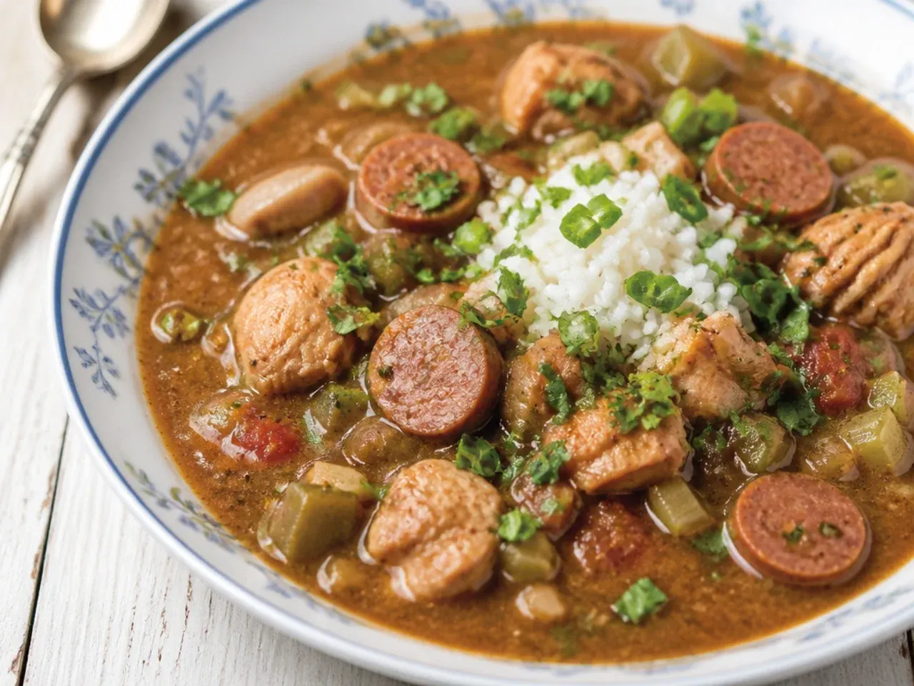 Vintage style Creole chicken and sausage gumbo thickened with file powder