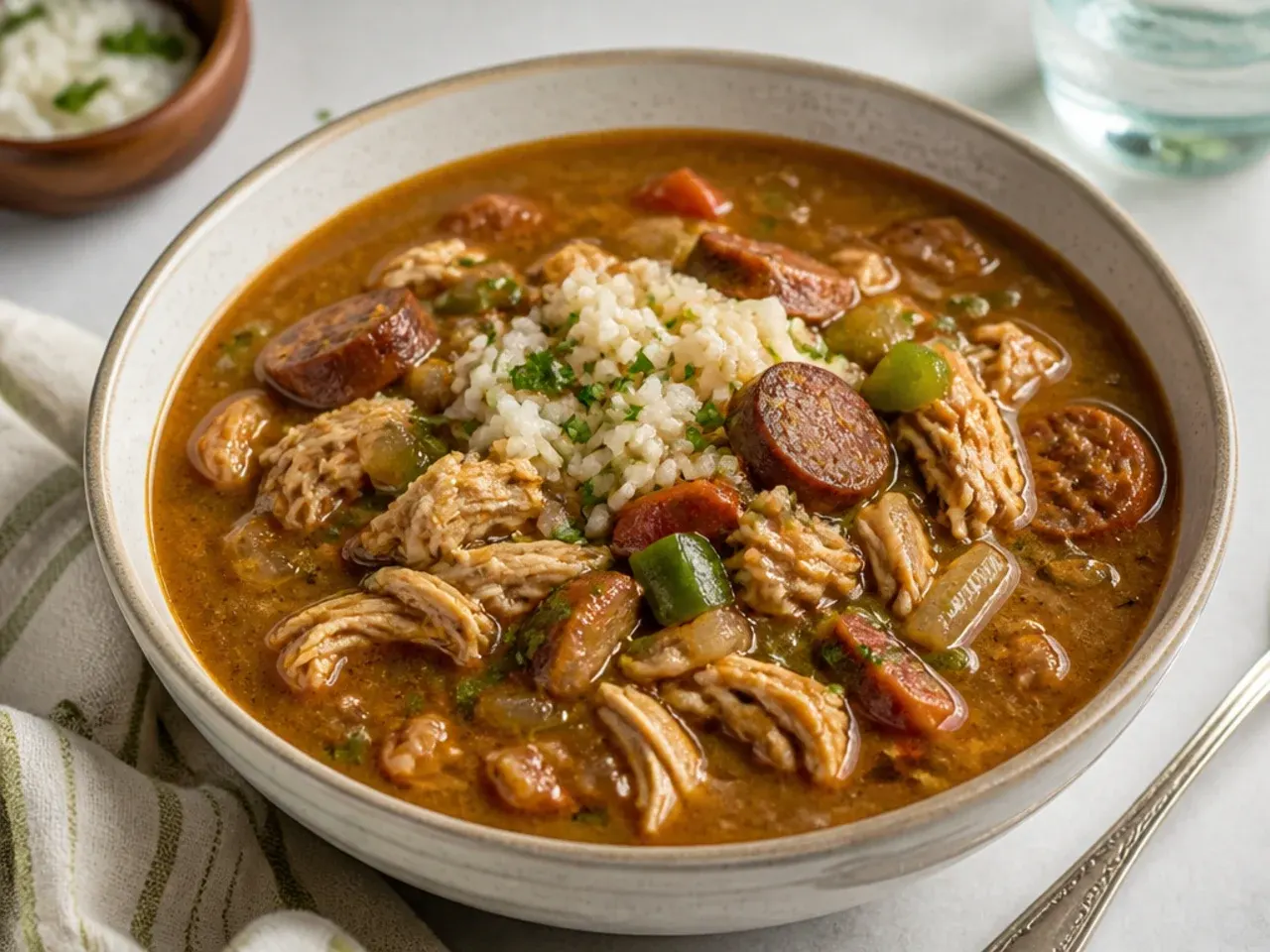 Creative gumbo made with leftover smoked chicken and andouille sausage