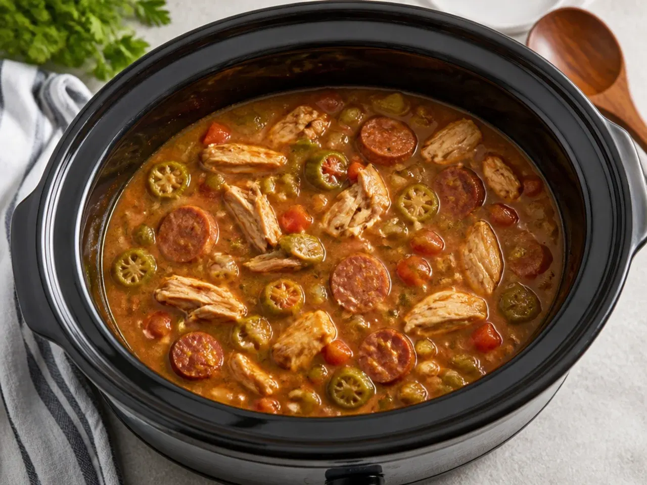 Slow cooker chicken and sausage gumbo simmering with okra and trinity vegetables