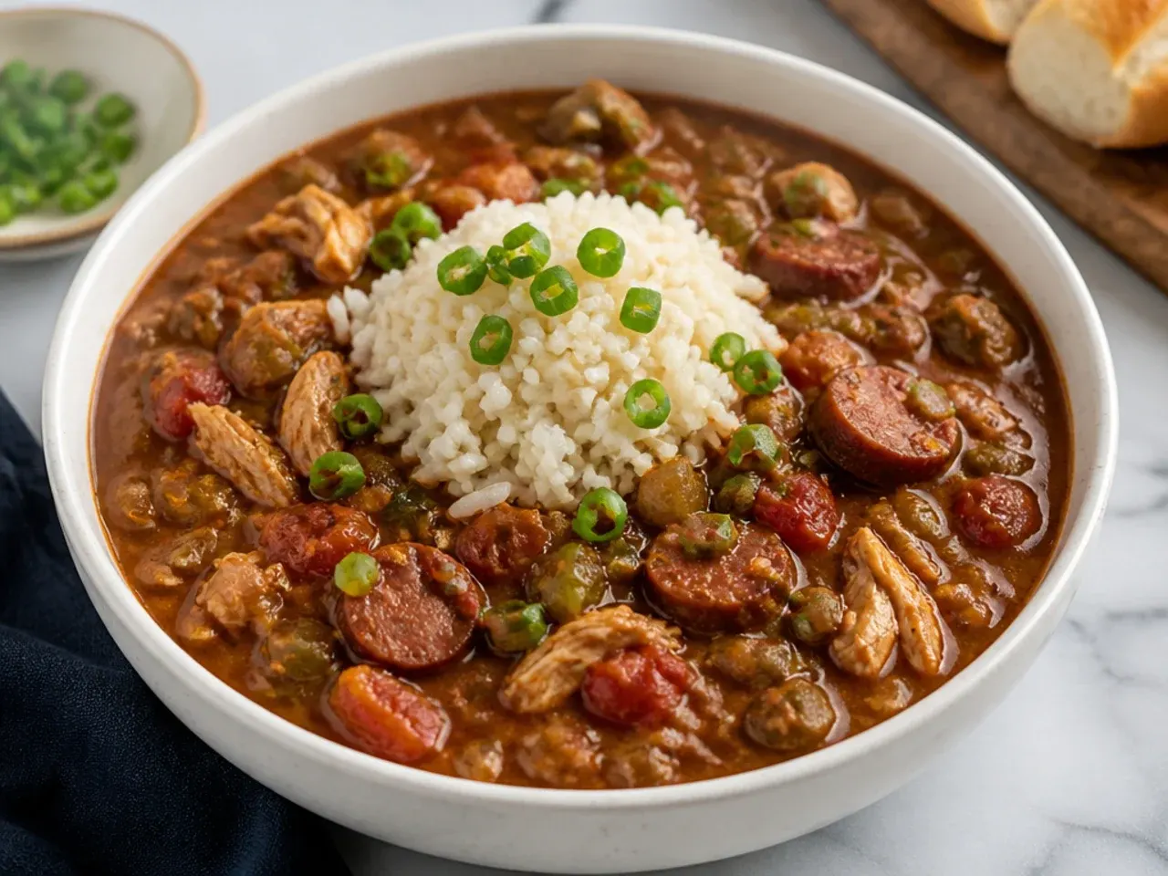 New Orleans Creole style chicken and sausage gumbo with tomatoes