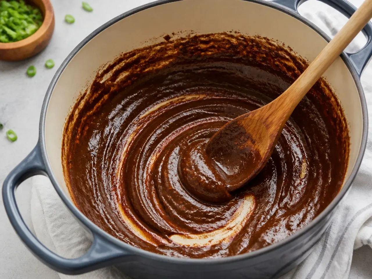 Dutch oven with dark oven-baked roux for easy chicken and sausage gumbo