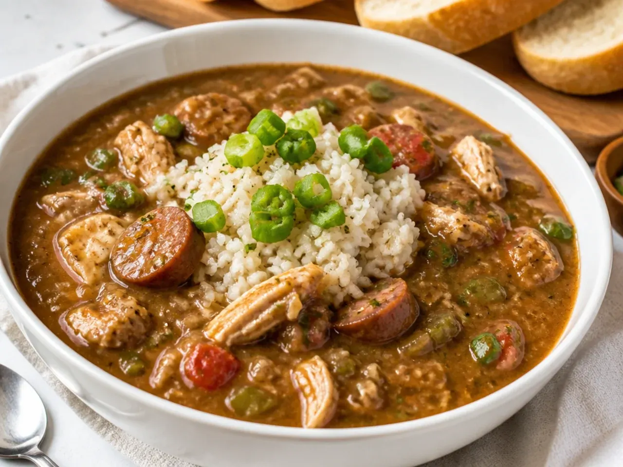 Rich duck fat roux gumbo with chicken and smoked sausage for a special dinner