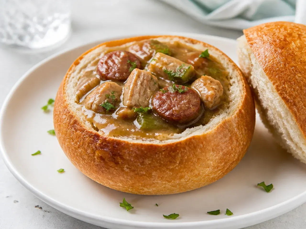 Mini bread bowls filled with thick chicken and sausage gumbo