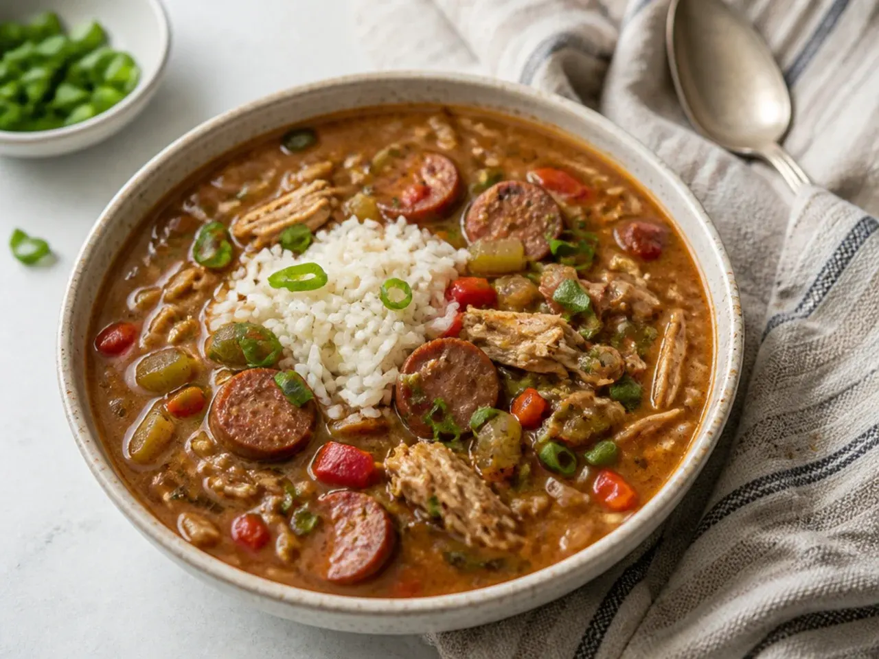 Gluten free chicken and sausage gumbo made with rice flour roux