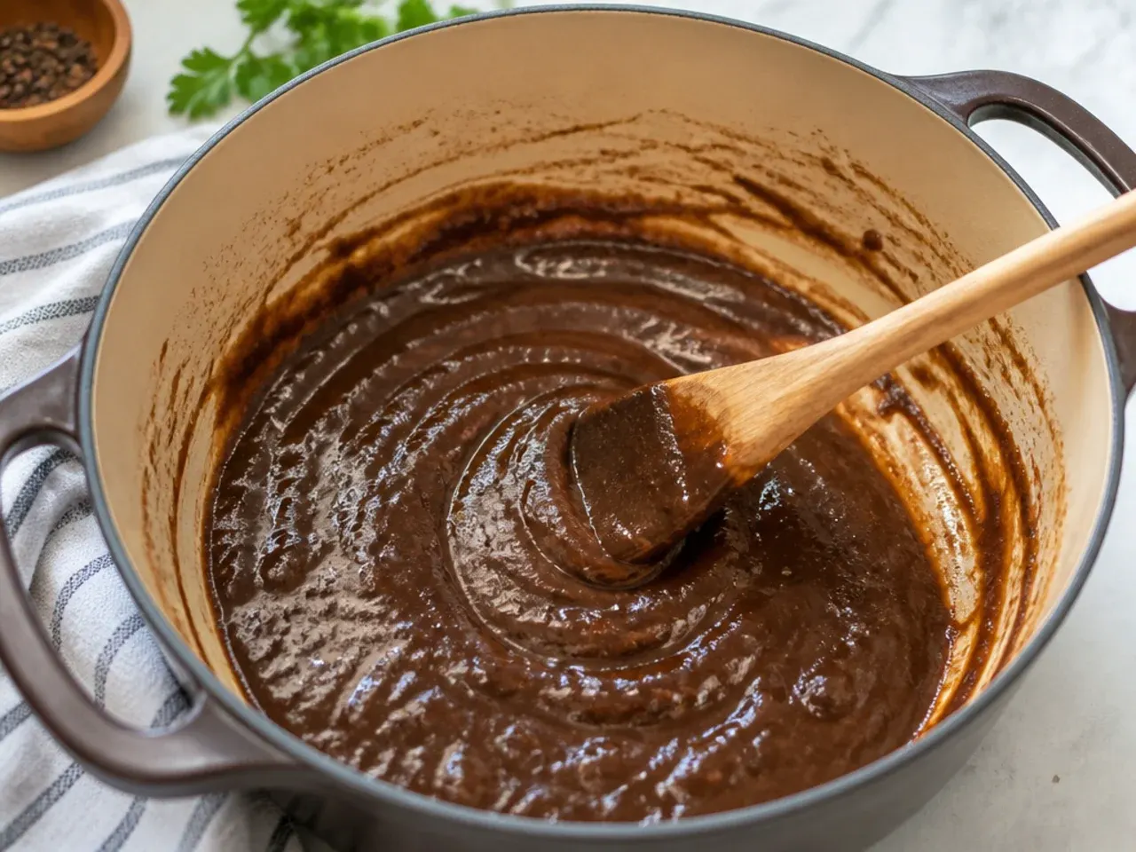 Stirring dark roux with a wooden spatula for chicken and sausage gumbo