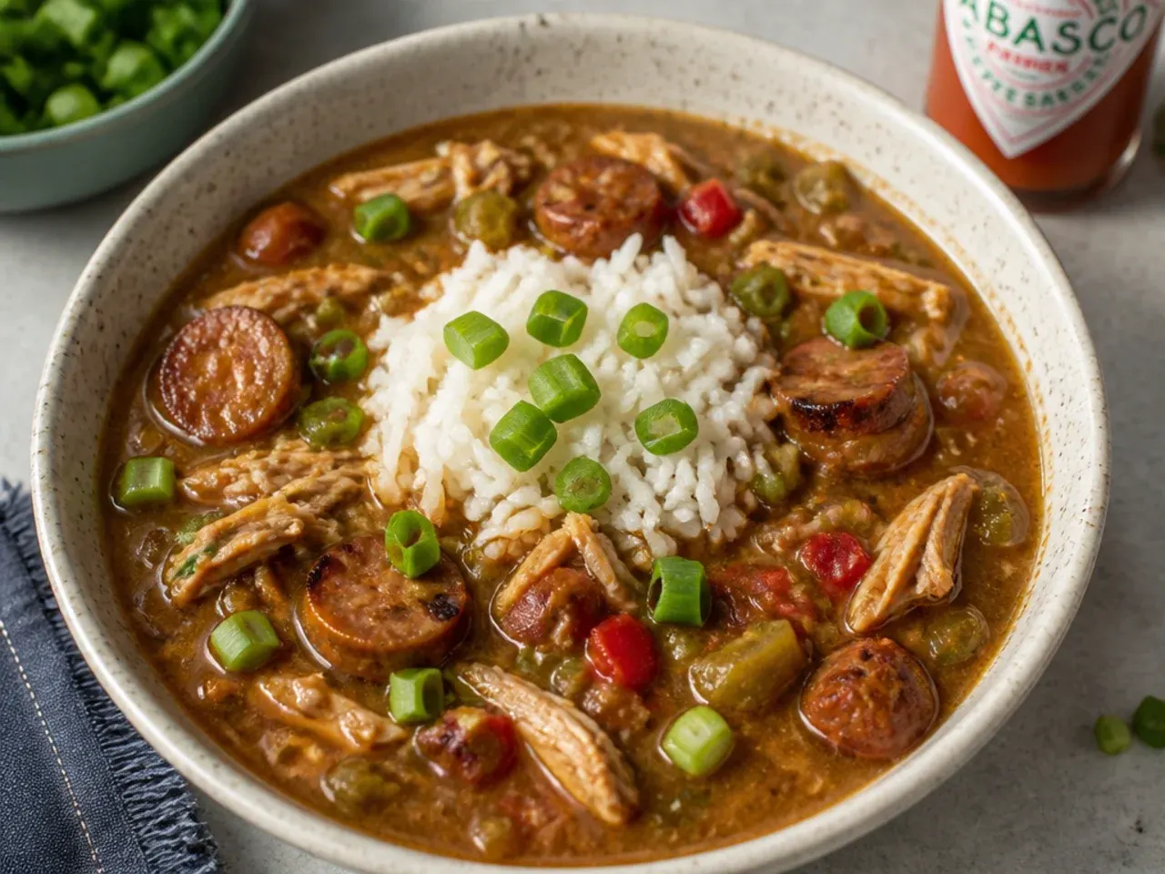 Bowl of chicken and sausage gumbo served with rice spring onions and hot sauce
