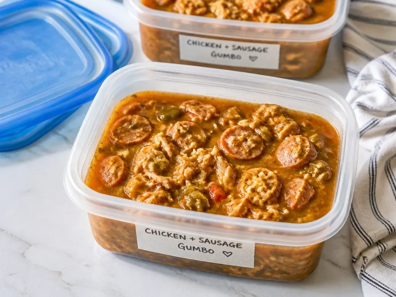 Containers of leftover chicken and sausage gumbo ready for the freezer