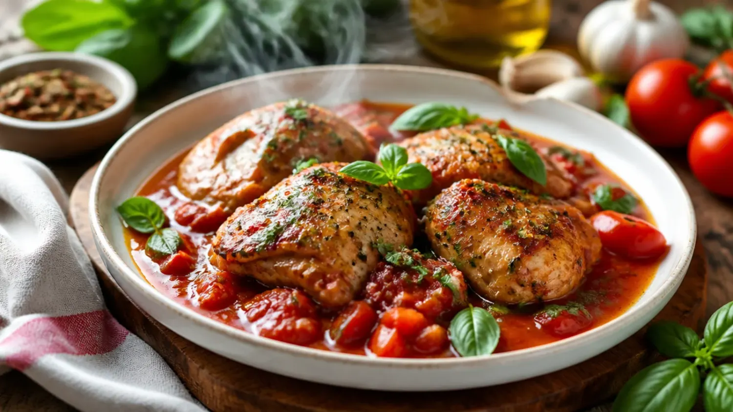 Skillet of creamy tomato chicken with wilted spinach and torn basil, chicken breasts sliced to show a juicy pink-free centre