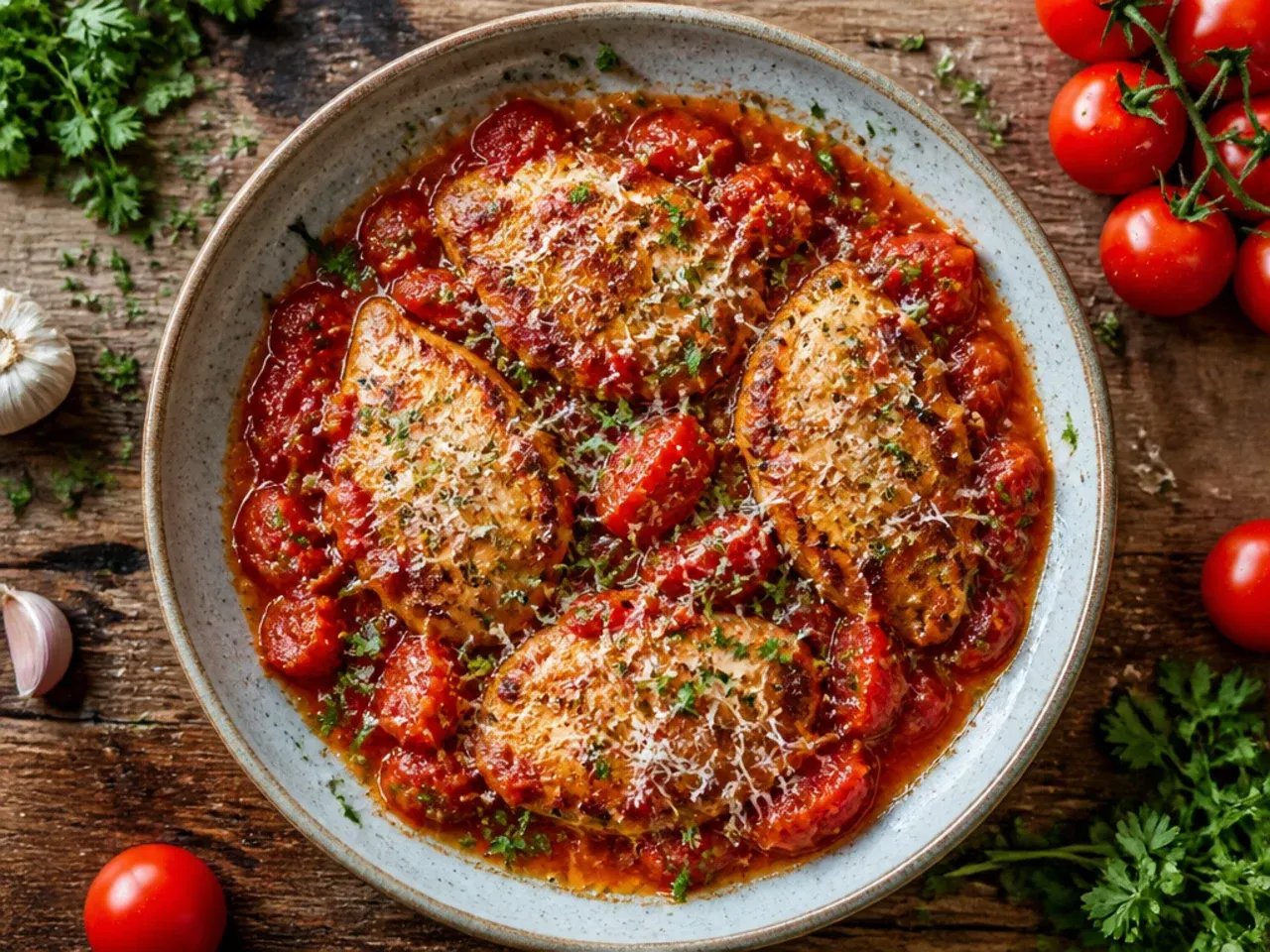 Chicken breasts resting on a wooden board at room temperature before cooking