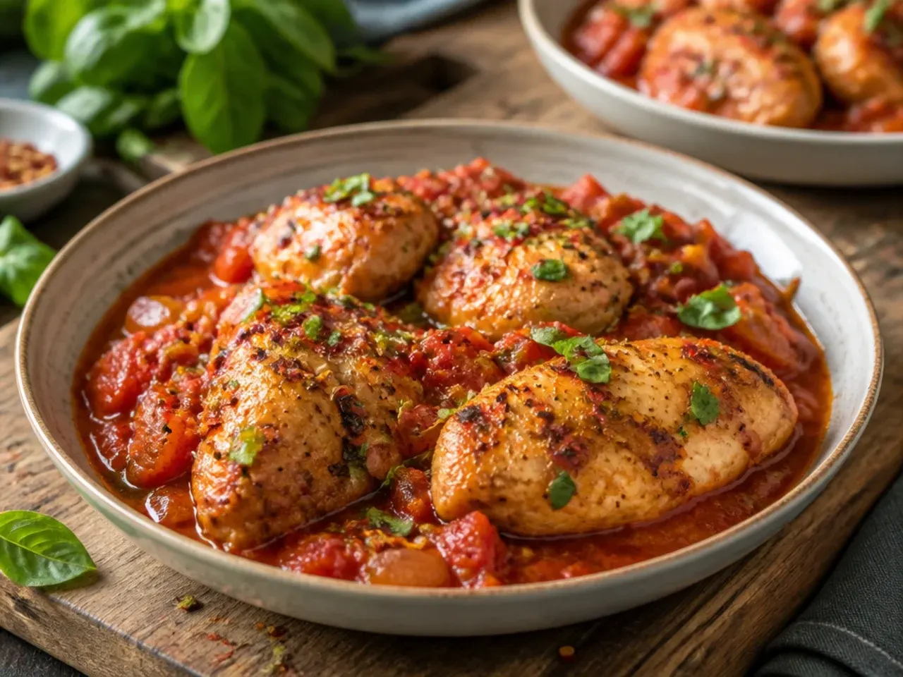 Two chicken breasts searing with visible space between them in a large skillet