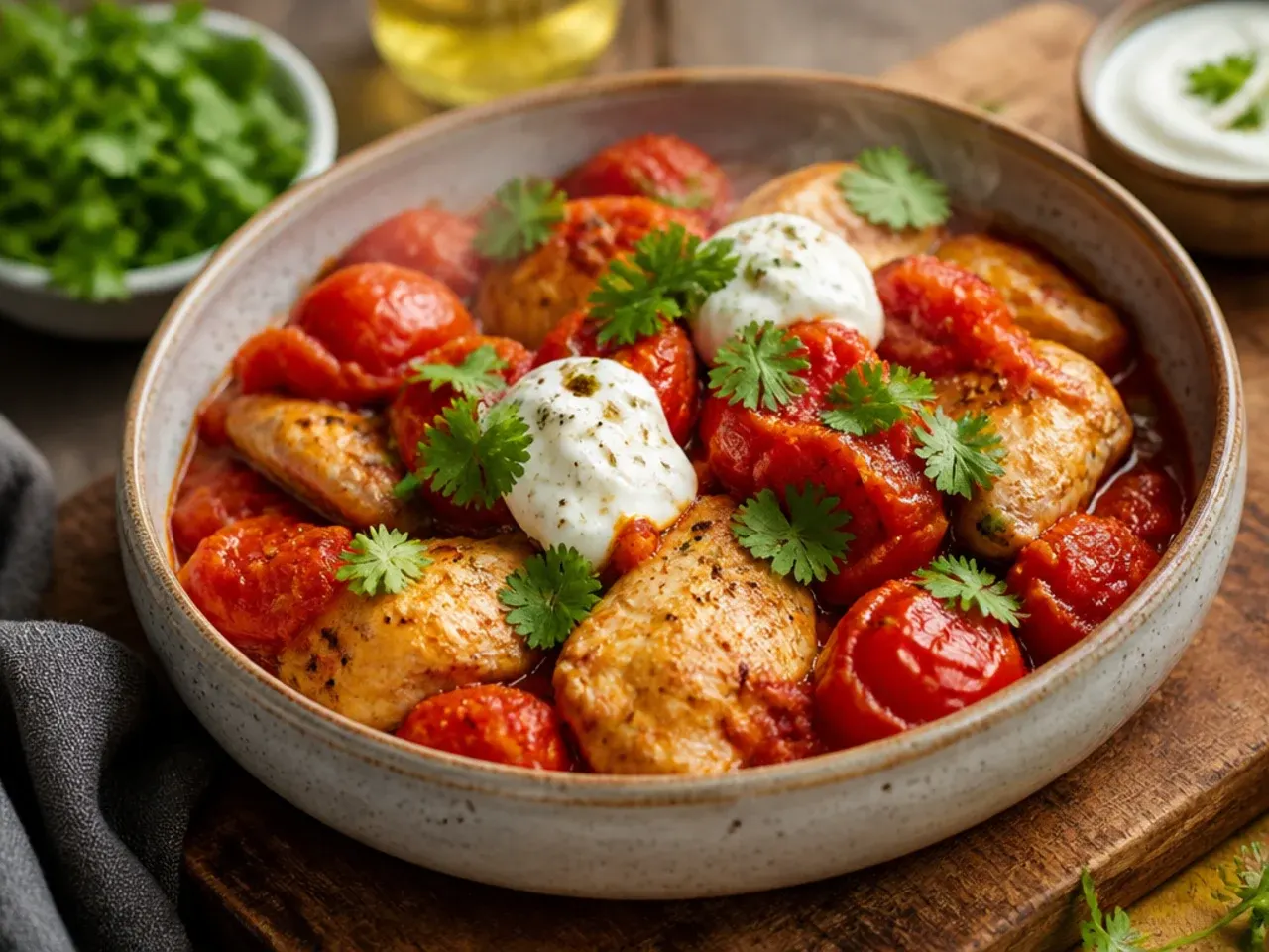 Crushed tomatoes being poured from a can into a simmering skillet sauce