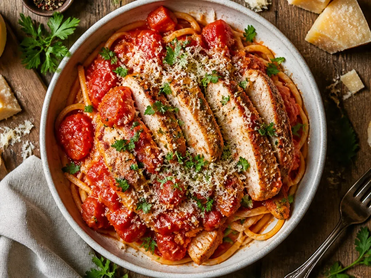 Grated Parmesan being sprinkled gradually into a creamy tomato sauce
