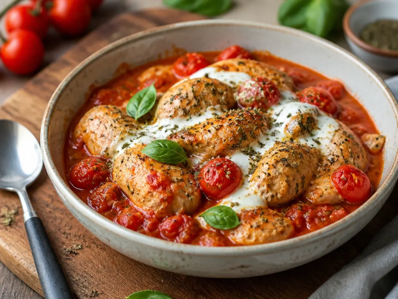 Fresh basil leaves being torn over finished creamy tomato chicken
