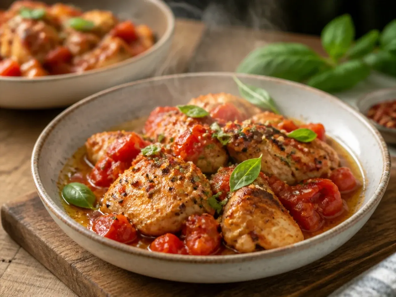 Creamy tomato chicken cooling in an open container on the counter
