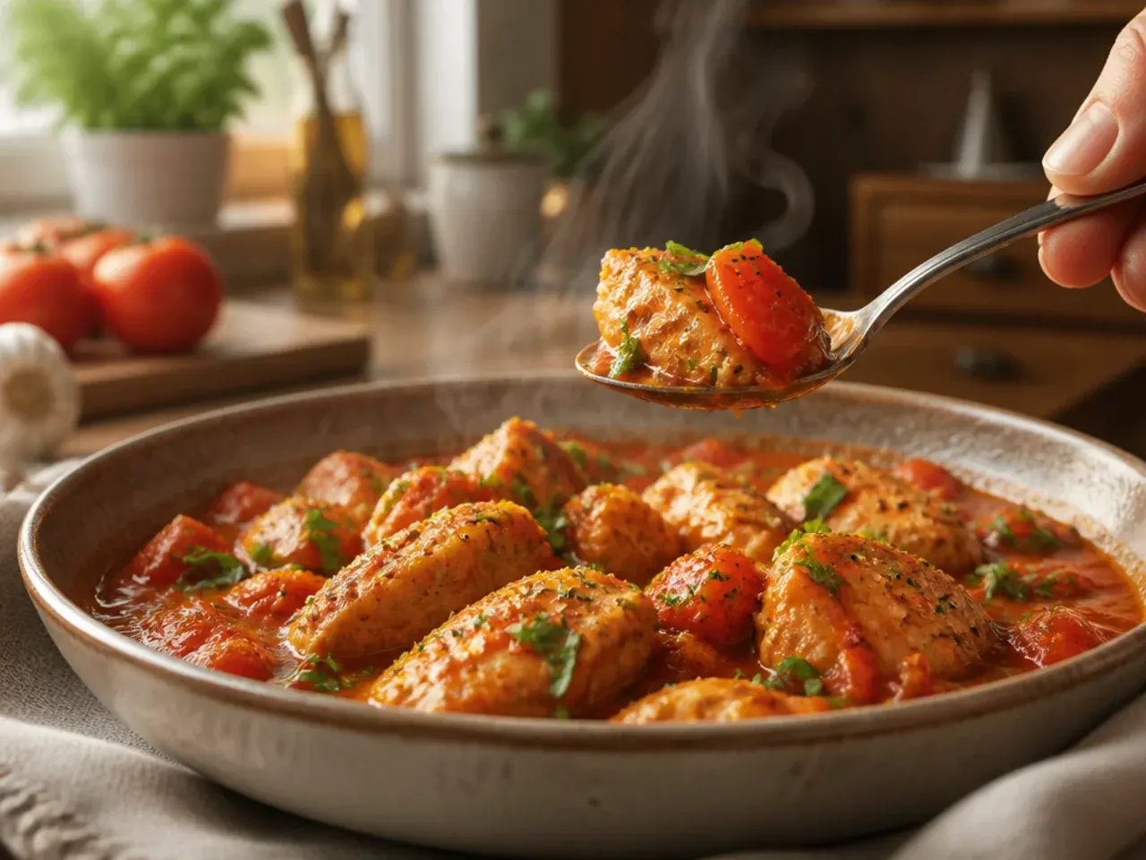 Finished plate of creamy tomato chicken with rice and fresh basil, ready to serve