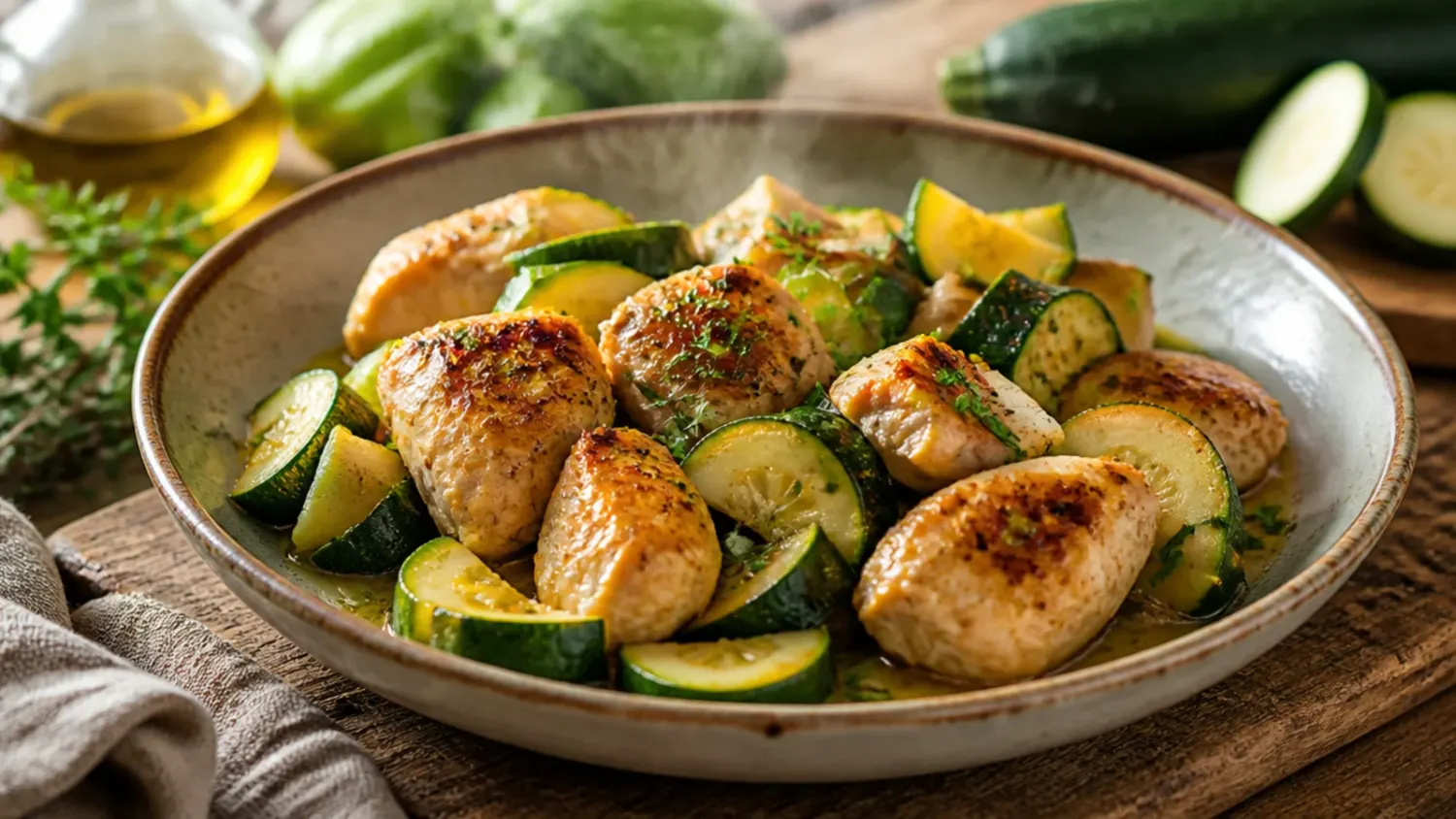 Golden seared chicken and zucchini in a creamy lemon parmesan skillet sauce, ready to serve