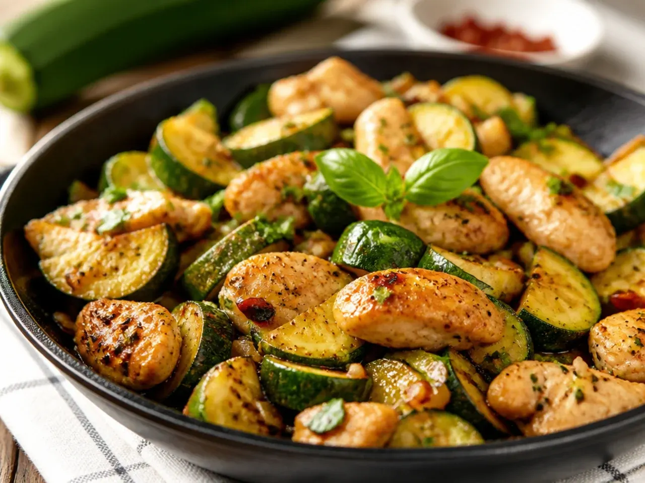Overhead shot of golden chicken and sliced zucchini in a cast iron skillet with fresh herbs