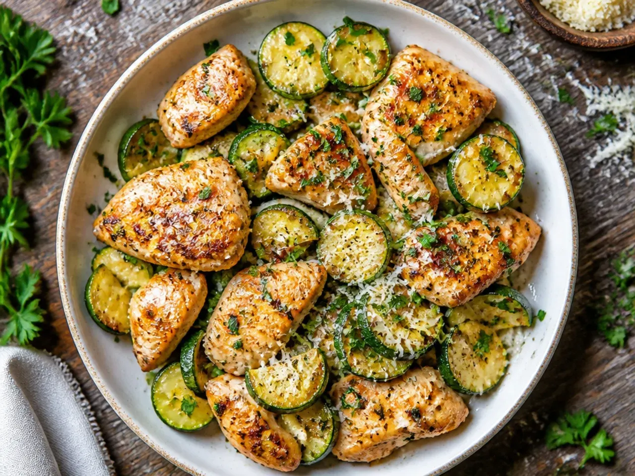 Seared chicken pieces and zucchini half-moons in a lemon parmesan pan sauce