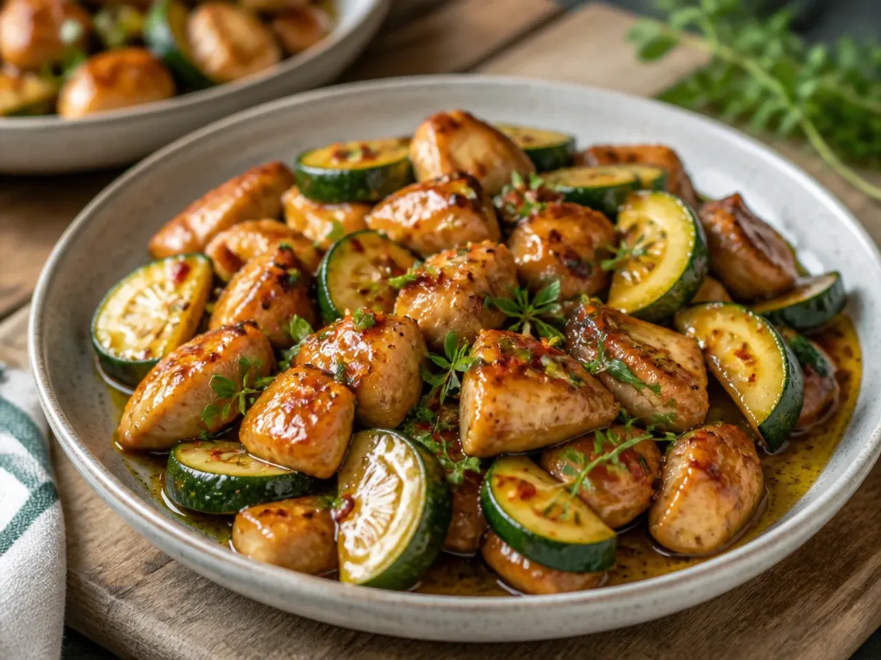 Glossy honey garlic chicken and zucchini in a skillet with sesame seeds