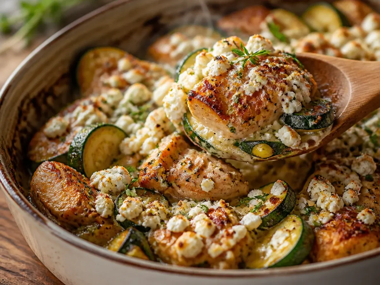 Greek-style chicken and zucchini skillet topped with feta and olives