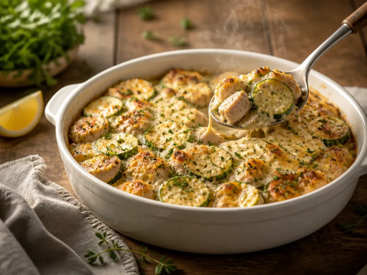 Golden baked chicken and zucchini casserole in a ceramic dish