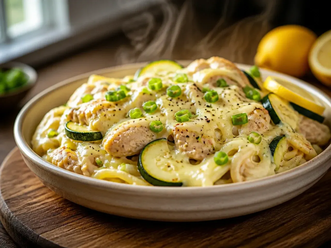 Creamy lemon chicken and zucchini pasta twirled on a fork