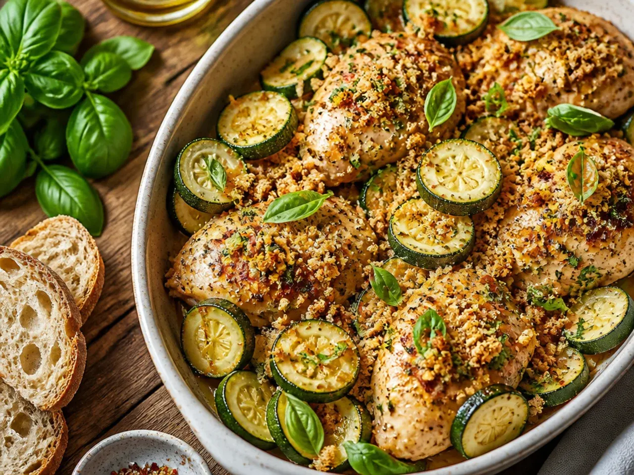 Sheet pan of roasted chicken thighs and zucchini chunks