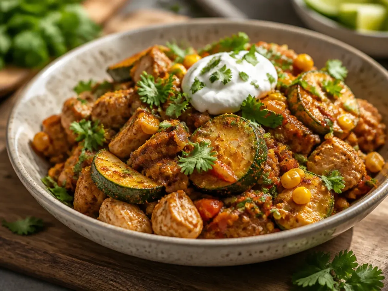 Tex-Mex chicken and zucchini skillet with melted pepper jack and lime