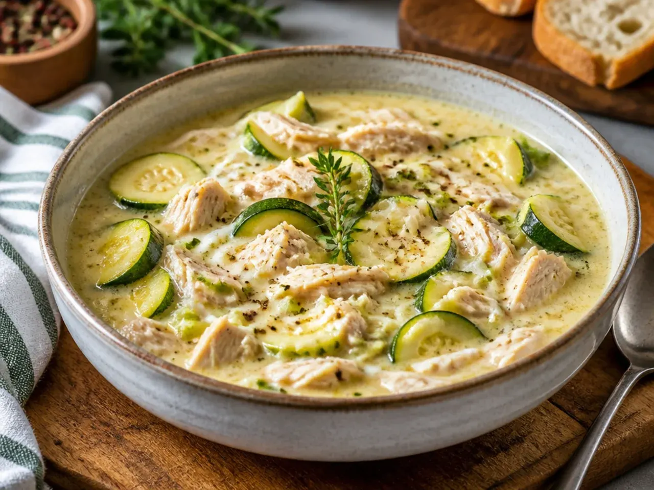 Bowl of chicken and zucchini soup with carrots and herbs