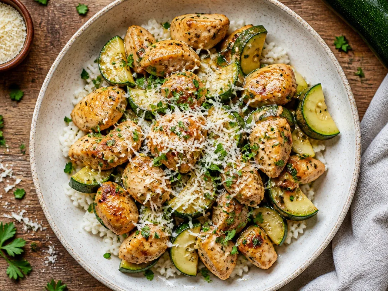 Budget chicken and zucchini stir-fry served over rice