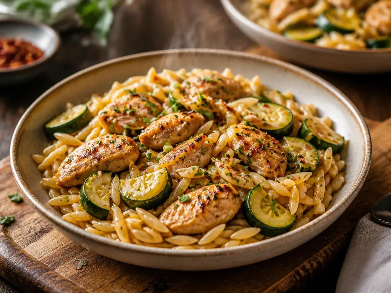 One-pot chicken and zucchini orzo in a Dutch oven