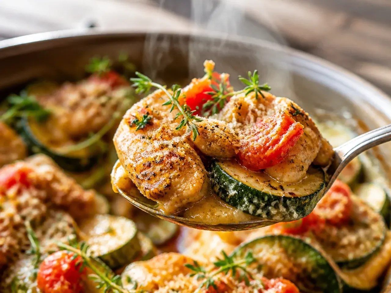 Rustic chicken zucchini and tomato skillet simmering with crusty bread