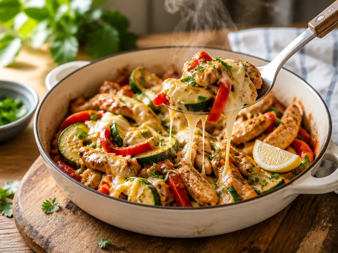 Loaded chicken and zucchini fajita skillet with charred peppers