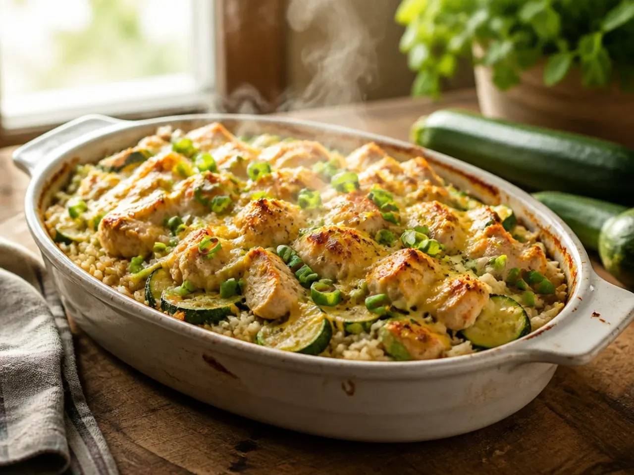 Family-size baked chicken zucchini and rice casserole