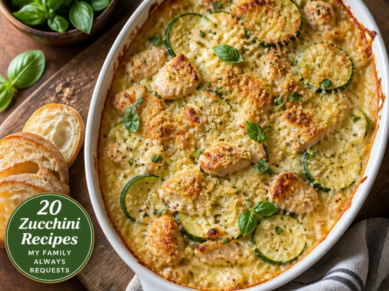 Bubbling chicken and zucchini alfredo bake with golden cheese topping