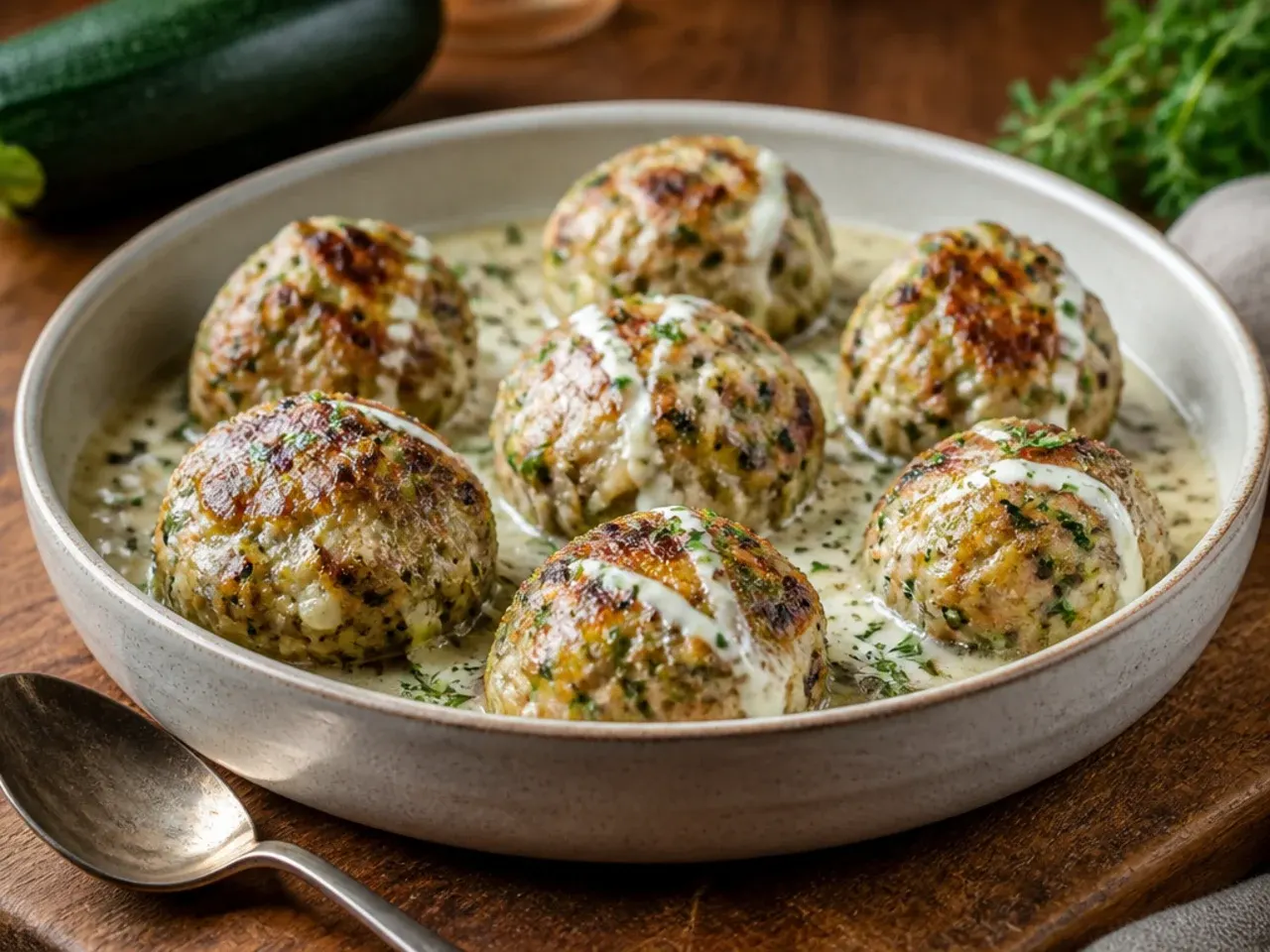 Golden chicken and zucchini meatballs in tomato sauce